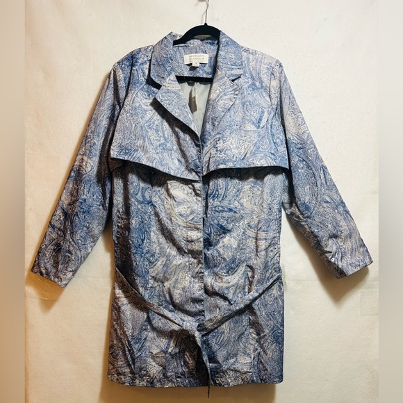 BADGLEY MISCHKA L AMERICAN GLAMOR TRENCH COAT BLUE PRINT- NEW WITH TAGS! - Picture 1 of 8